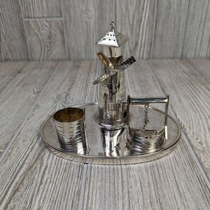 Victorian Silver Plated Novelty Cruet Set with Engraved Windmill Style Pepper Po